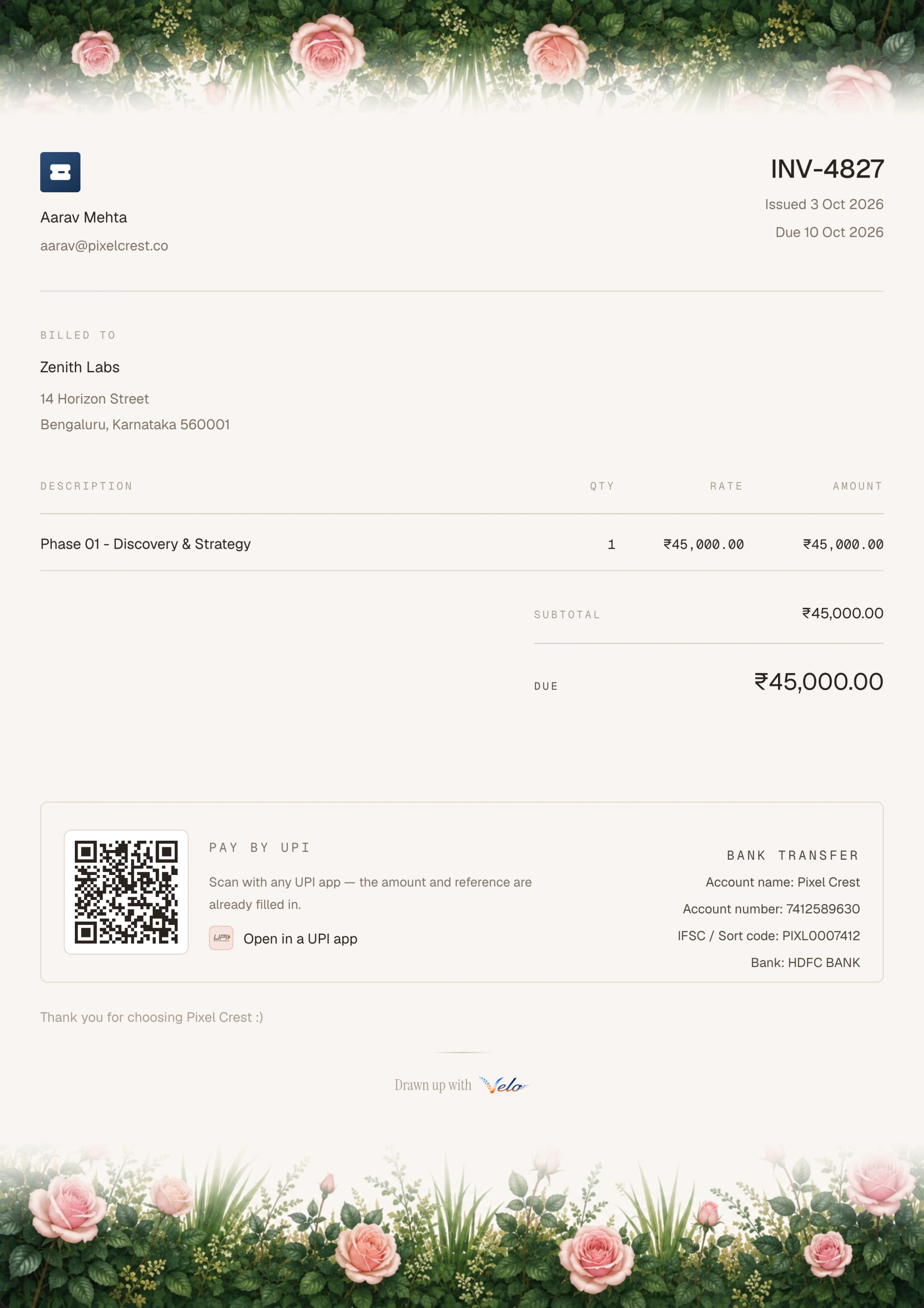 A finished Velo invoice with a UPI QR code and bank details